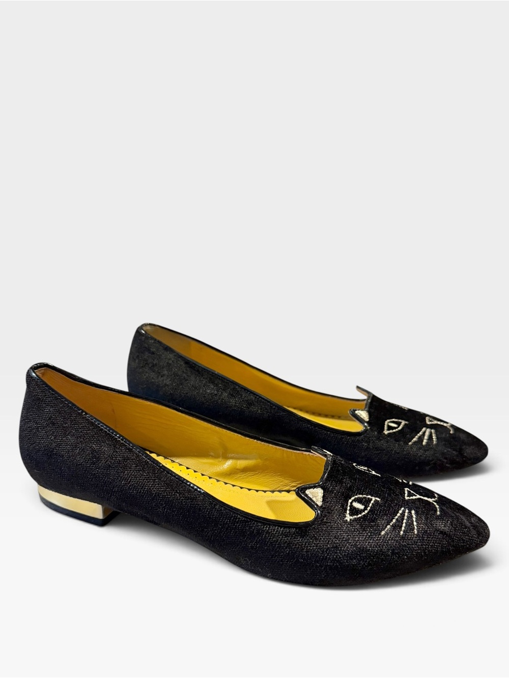 Charlotte Olympia Kitty Black Velvet Cat Flats EU 36 Gold Embroidery